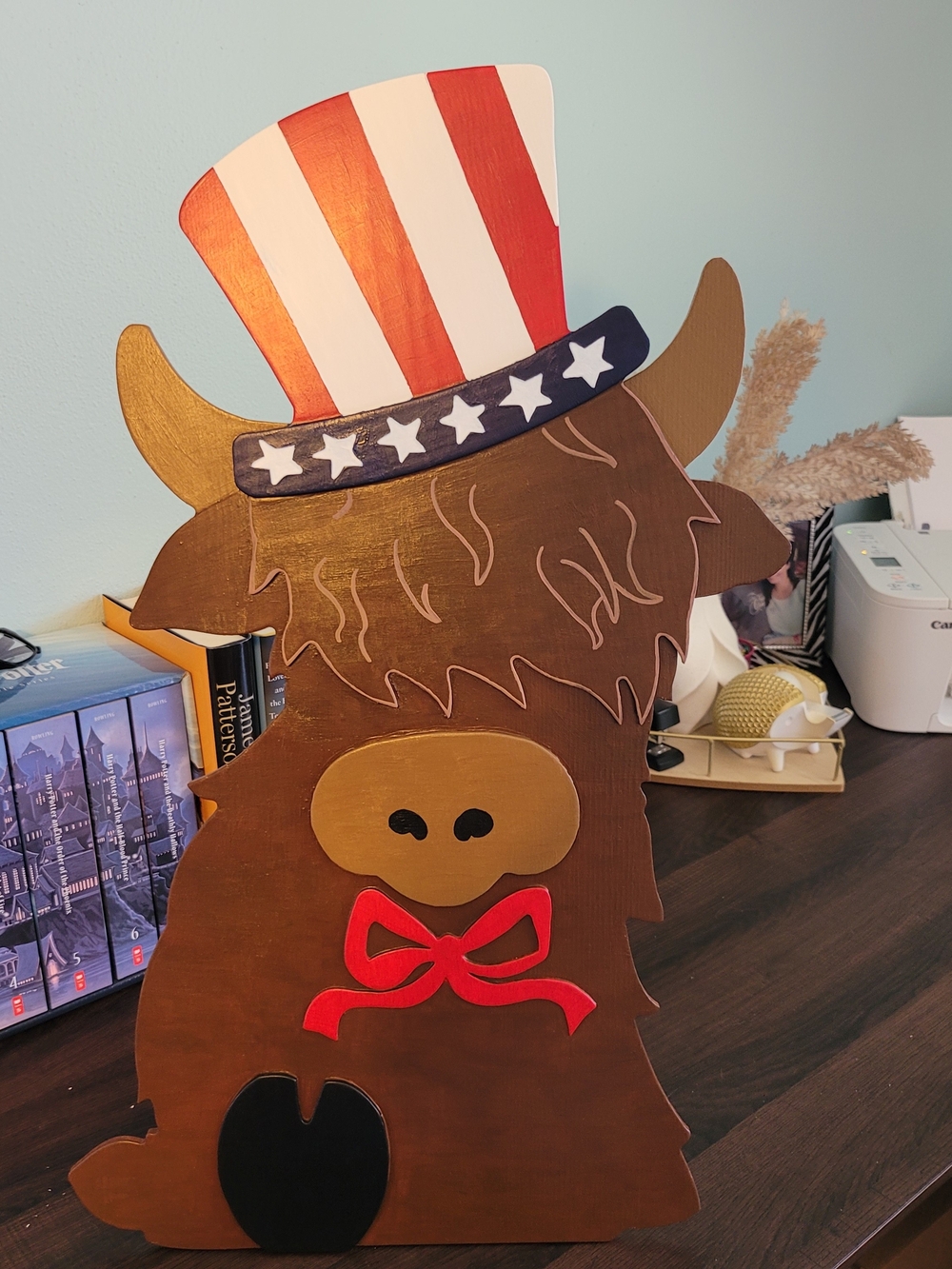 Hand Painted Patriotic Highland Cow Wooden Decor